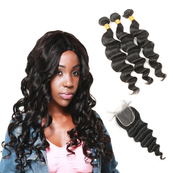 Indian Loose Wave 3 Bundles with Lace Frontal Closure Human Hair Bundles with Closure Virgin Hair Weave Non Remy Hair 4pcs/lot