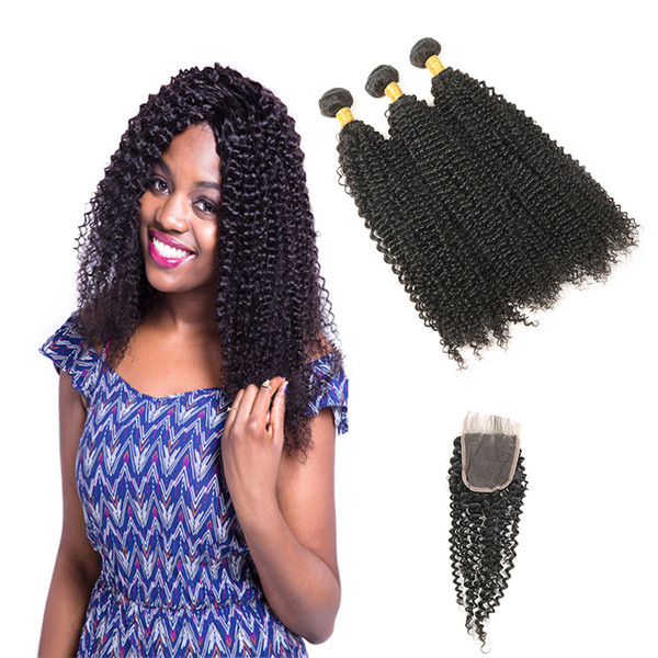 Kinky Curly Weave Human Hair Bundles With Closure Brazilian Hair Weave 3 Bundles With Closure Non Remy Hair Extension