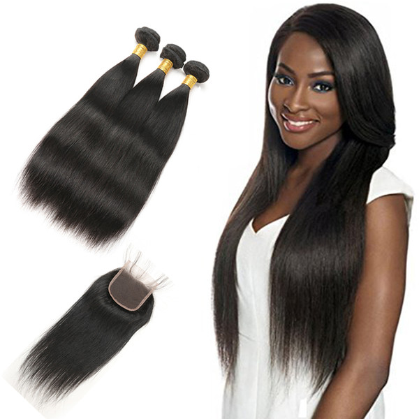 Human Hair Bundles Lace Closure Virgin Hair Weft Malaysian Straight Hair Weave 3 Bundles With Closure