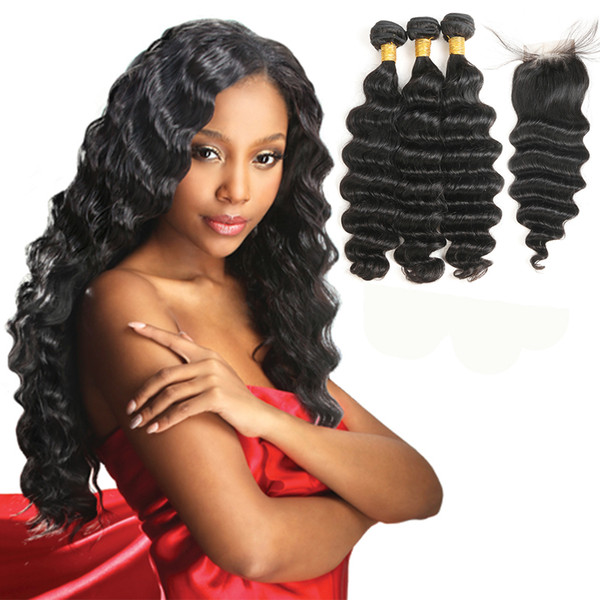 Malaysian Hair Loose Deep More Wave Non Remy Human Hair Weave 3 Bundles With Closure Natural Color