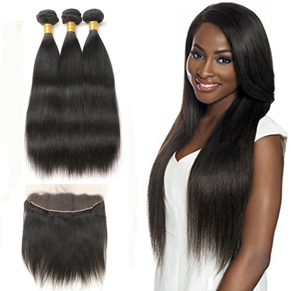 Brazilian Virgin Straight Hair Weave 100% Human Hair 3 bundles with Frontal 10-30Inch Non-Remy Hair Extension Machine Double Weft