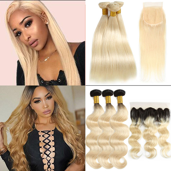 8A Brazilian 613 Ombre Straight Human Hair Bundles with Closure Unprocessed Body Wave 1B 613 Bundles with Frontal Human Hair Extensions