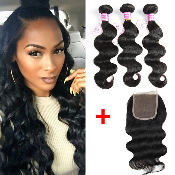 B2B Wholesale Peruvian Brazilian Virgin Human Hair Bundles 3pcs Body Wave with Cheap Remy Human Hair Weaves 1 piece 4x4 Top Lace Closure