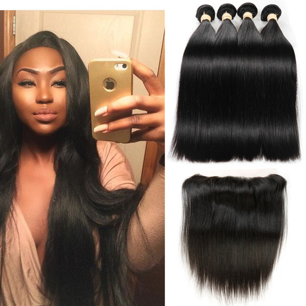 8A Grade Brazilian Virgin Hair Straight 4 Bundles with Lace Frontal Ear to Ear Natural Hairline 13*4 Frontal with Human Hair Weaves 5pcs/Lot