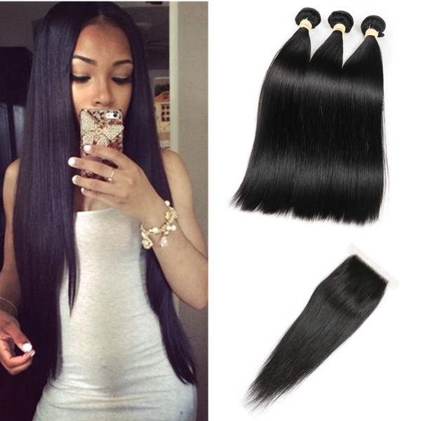 Peruvian Straight Hair with Closure Unprocessed Human Hair 3 Bundles Straight With Lace Closure Peruvian Virgin Hair with Closure ALOT