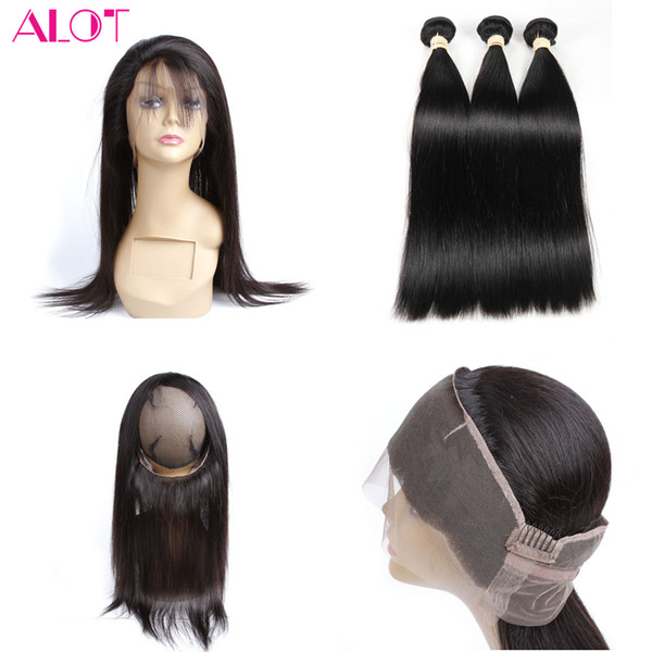 Grade 8A Straight Hair Weaves Peruvian Virgin Hair Bundles With 360 Lace Frontal Human Hair Weave 3 Bundles with 360 Lace Frontal