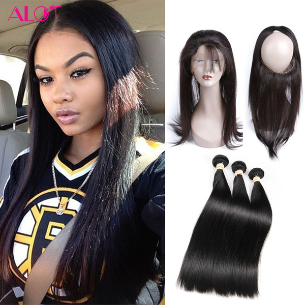 Brazilian Straight Human Hair Weave Bundles 360 Lace Frontal with Bundles Brazilian Virgin Hair Straight 3 Bundles with 360 Lace Frontal