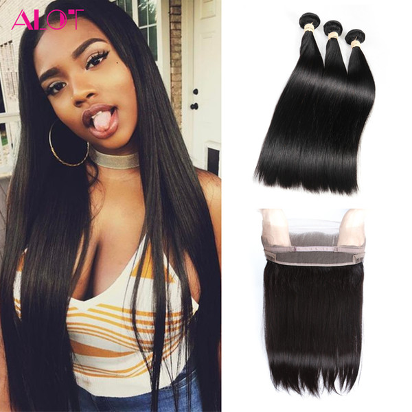 Brazilian Virgin Hair Bundles with 360 Lace Frontal Human Straight Hair with Lace Frontal Products 3 Bundles with 360 Lace Frontal Closure