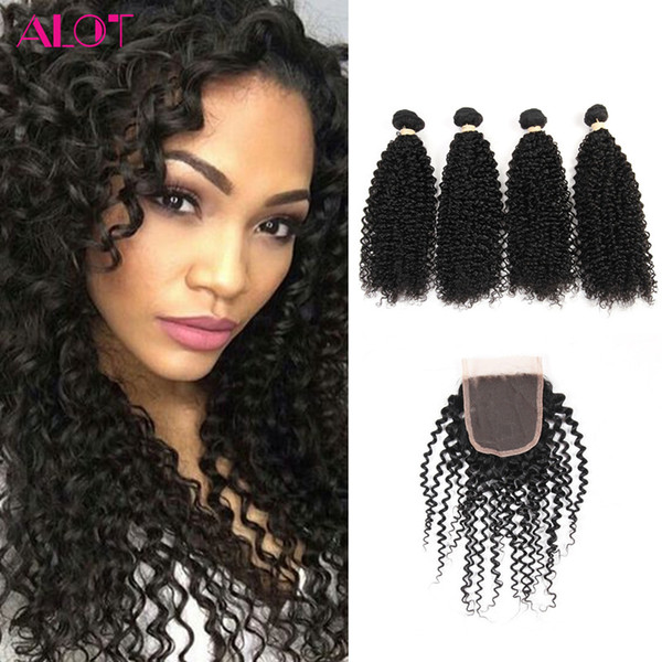 Brazilian Virgin Human Hair Weave Bundles with Closure Unprocessed Brazillian Peruvian Indian Malaysian Kinky Curly 4 Bundles with Closure