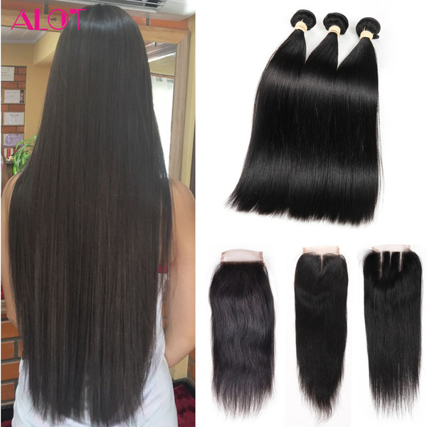 Straight Hair Weave Bundles With Closure Brazilian Indian Peruvian Malaysian Human Hair 3 Bundles With 4x4 Lace Closure Free Middle 3 Part