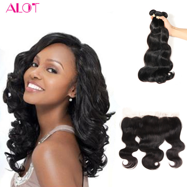 ALOT Indian Hair Frontal with Bundles Body Wave Virgin Hair 3 Bundles With 13x4 Lace Frontal Natural Color