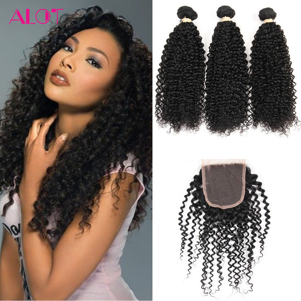 Kinky Curly Hair Closure with Human Hair Bundles Peruvian Virgin Hair Extensions 3 Bundles With 4x4 Lace Closure Free Part