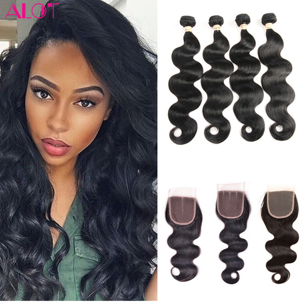 Brazilian Virgin Human Hair Weave Bundles with Closure Unprocessed Brazillian Peruvian Indian Malaysian Body Wave 4 Bundles with Closure