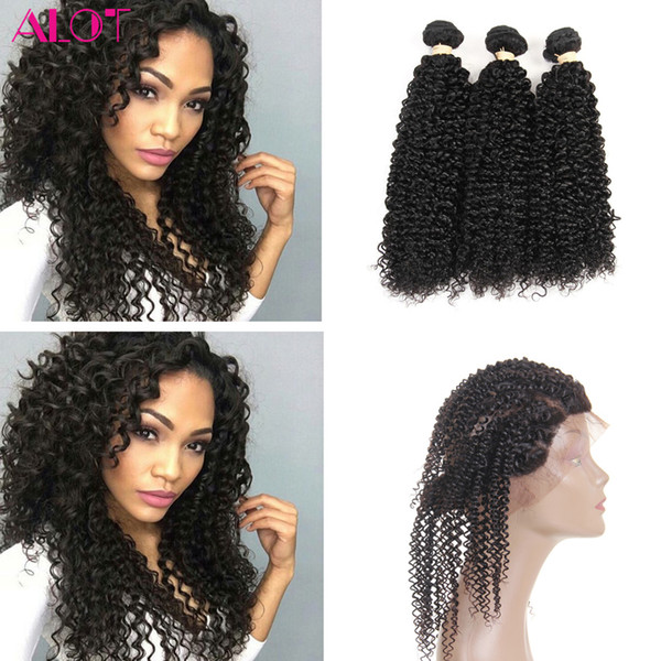 Kinky Curly Hair 360 Lace Frontal Closure With Bundles 3Pcs Lot Brazilian Virgin Hair Weaves With Ear to Ear Full Lace Band Frontal