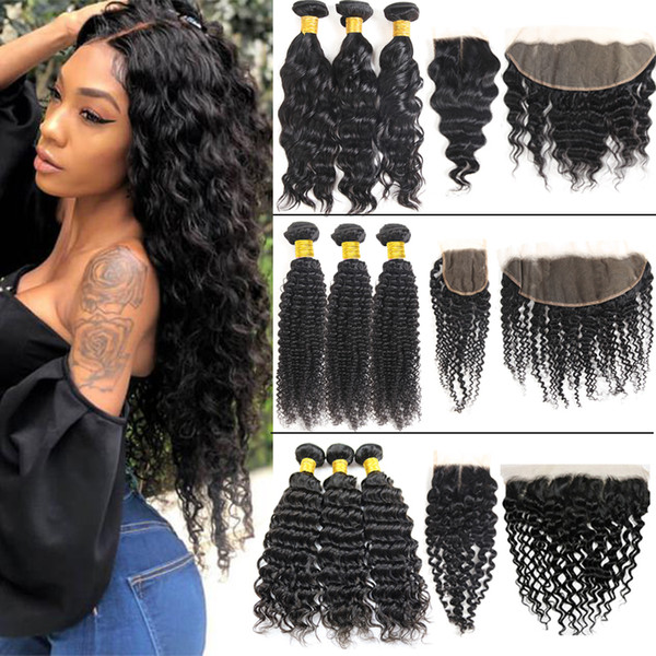 8a Brazilian Virgin Hair Bundles with Closure Human Hair Kinky Curly,Water Wave,Deep Wave Weaves with Frontal Peruvian Indian Cambodian Hair