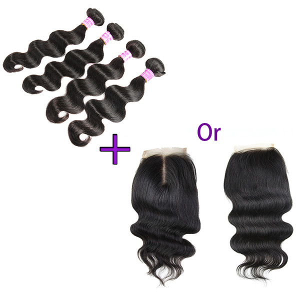 Brazilian Human Hair 4 Bundles with Closure 100% Unprocessed 8A Body Wave Virgin Hair Bundle Deals Wholesale Remy Human Hair Extensions