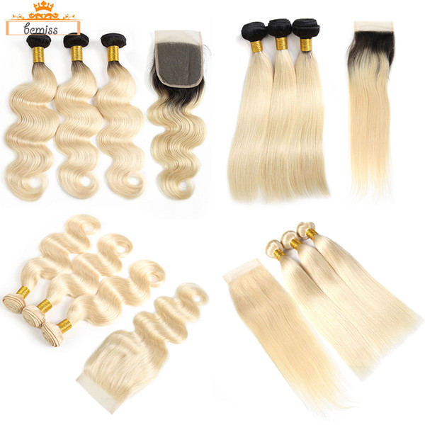 613 Blonde Brazilian Human Hair Weaves with Closure Unprocessed 1b 613 Straight Body Wave Virgin Hair 3 Bundles with 4X4 Free Part Closure