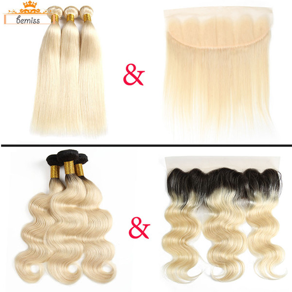 Brazilian 1b 613 Straight Human Hair Weaves with Frontal Closure 613 Blonde Brazilian Virgin Hair Bundles with Frontal Ear to Ear Closure