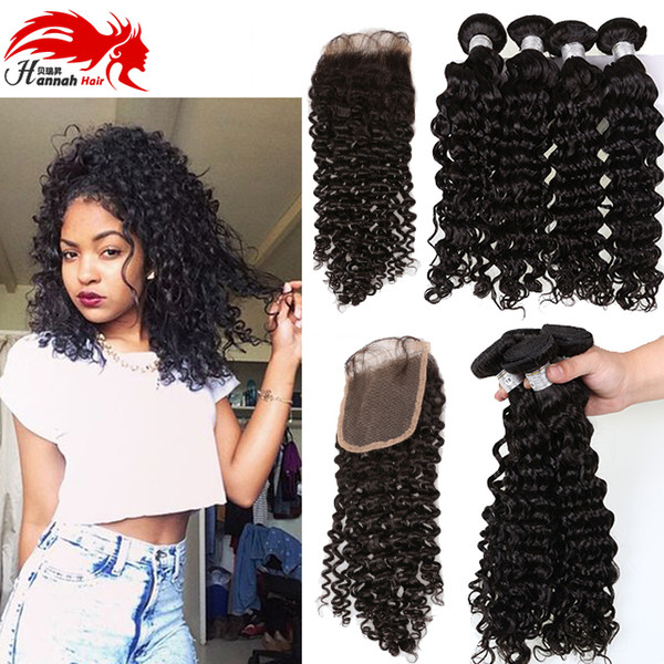 Hannah Beauty Hair Malaysian Deep Curly Hair Lace Closure With Bundles 3PCS Malaysian Virgin Hair Curly With Lace Closure