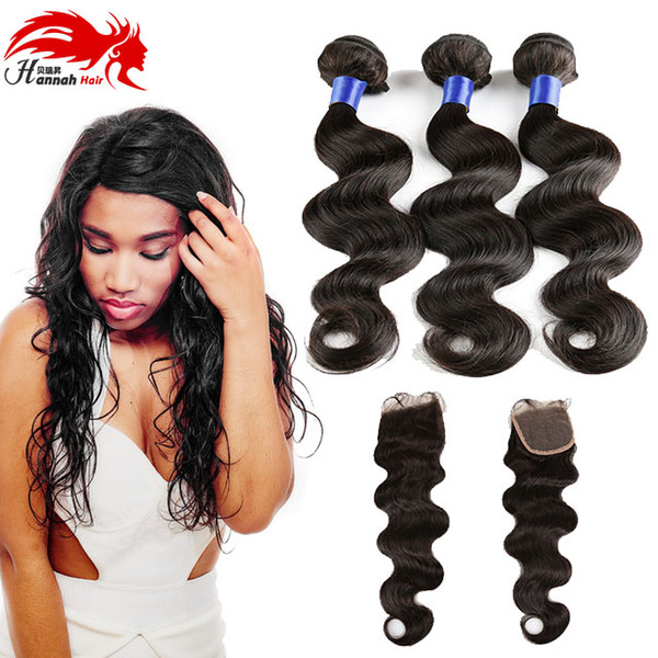 Hannah Hair Products Brazilian Body Wave With Closure Bundle 7A Grade Brazilian Virgin Hair Body Wave 3/4 Bundles With Closure