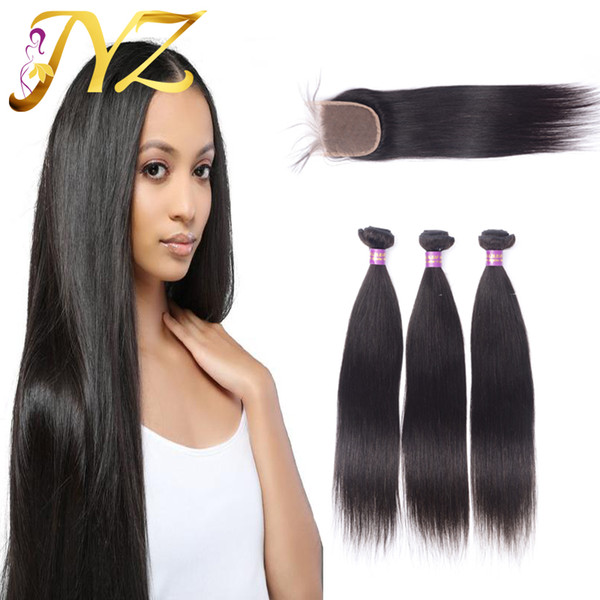 8A Brazilian Virgin Hair With Closure Extensions 3 Bundles Brazilian Straight Hair With 4x4 Lace Closure Unprocessed Remy Human Hair Weave