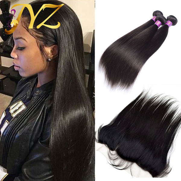 3Pcs Peruvian Virgin Hair Straight With Lace Frontal 4Pcs Lot Straight Virgin Hair Lace Frontal Closure With Bundles 100% Human Hair