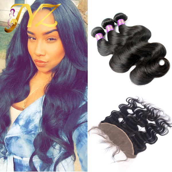 Malaysian Brazilian Virgin Hair 13x4 Full Frontal Lace Closures and Hair Peruvian Lace Frontal Bleached Knots Body wave with 3 Bundles Hair