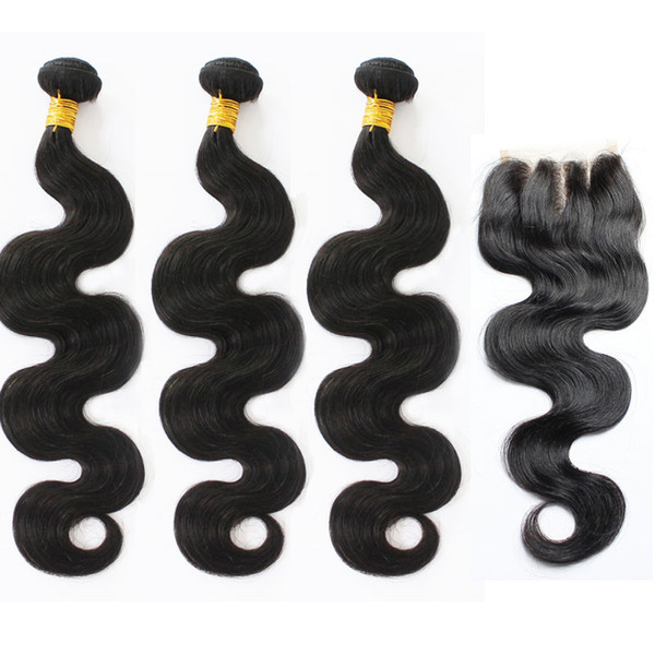 Wholesale Unprocessed Brazilian Hair With Lace Closure 4x4 Peruvian Malaysian Indian Hair Extension Human Hair Weave Body Wave With Closure