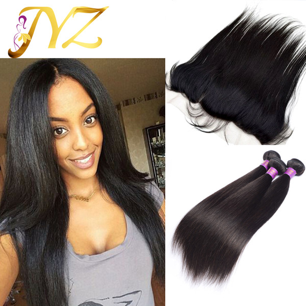 Straight Brazilian Hair Straight Human Hair 3 Pcs Full lace frontal Free Middle 3 Way With Baby Hair Bleached Knots