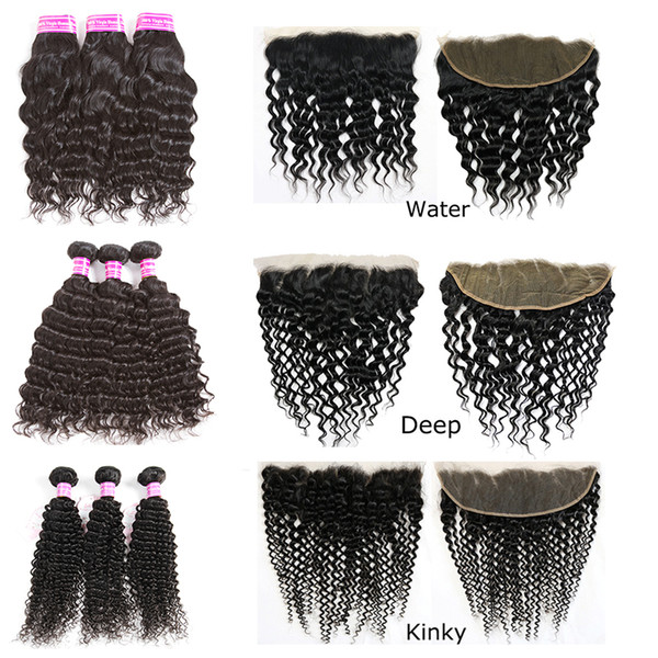 Brazilian Straight Virgin Hair bundles with Frontal Closure Peruvian Body Deep Water Wave Virgin Human Hair Weave with Lace Frontal