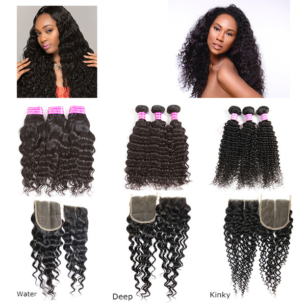 Brazilian Virgin Hair 3 Bundles Straight Kinky Curly Deep Water Wave With 4x4 Lace Closure Or 13x4 Lace Frontal Human Hair Wefts