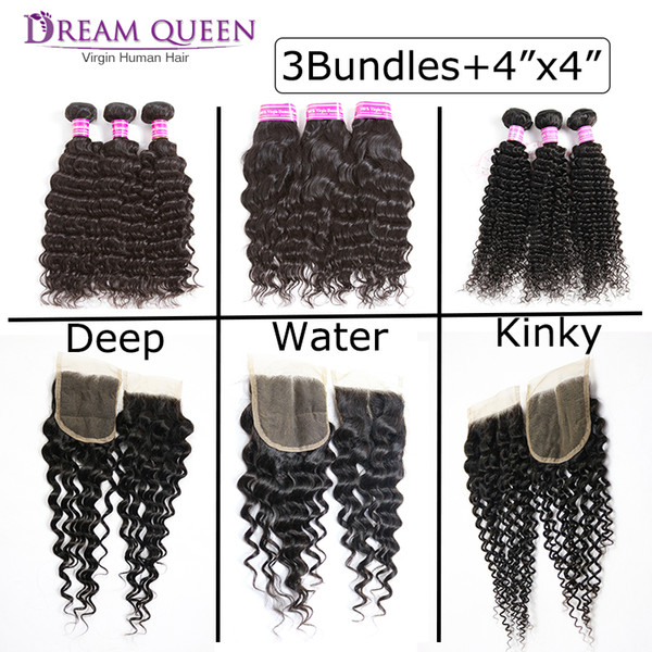 Malaysian Human Hair Weave Kinky Curly Deep Water Wave 3 Bundles With 4X4 Top Lace Closure Remy Body Wave Straight Remy Hair Extensions