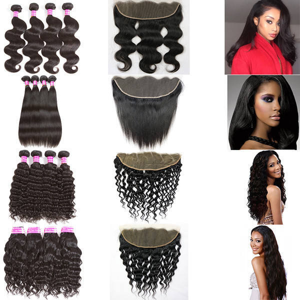 Top Brazilian Virgin Hair Weaves Straight Body Water Deep Wave Bundles With 13x4 Lace Frontal Closure Indian Kinky Curly Hair Extensions