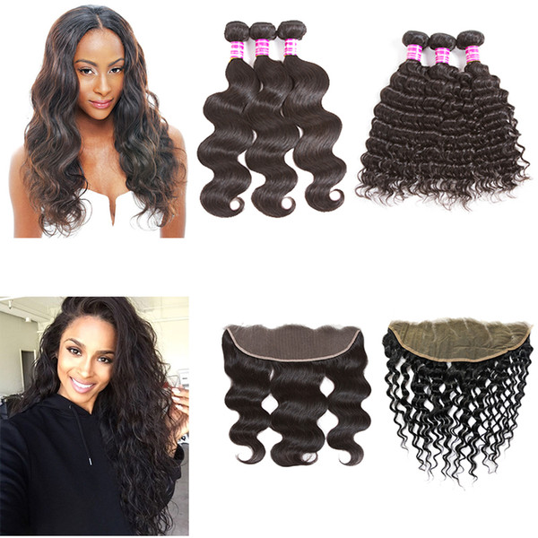 Brazilian Straight Body Wave Virgin Hair Weave 3 Bundles With 13x4 lace frontal Closure Malaysian Remy human hair Extensions Deep Water Wave