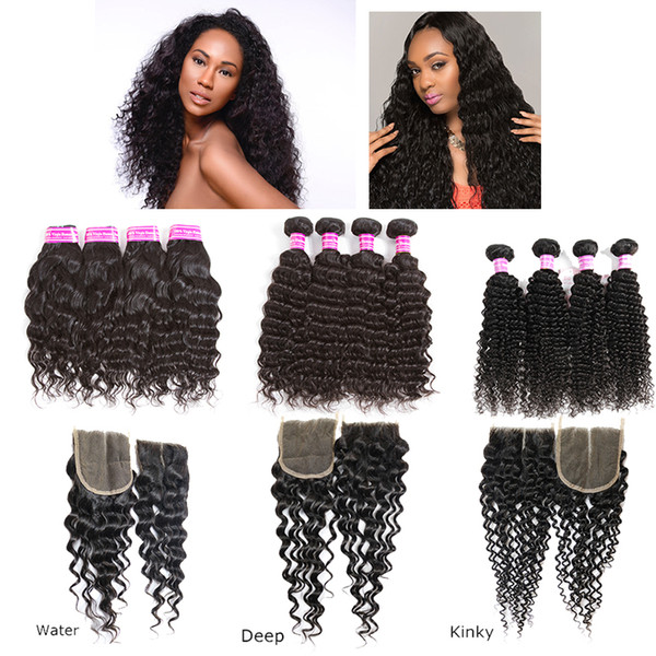 Brazilian Virgin Hair Weaves Deep Water Body Wave 4 Bundles With 4x4 Lace Closure Brazilian Human Hair Extensions bundles with closure