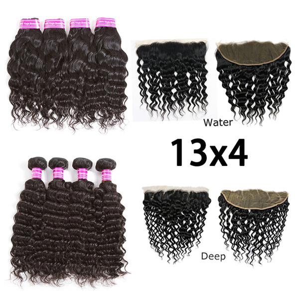 8A Peruvian Body Wave Straight Virgin Hair Deep Water Body Wave 4 Bundles With 13x4 Lace Frontal Closure Brazilian Remy Human Hair wefts