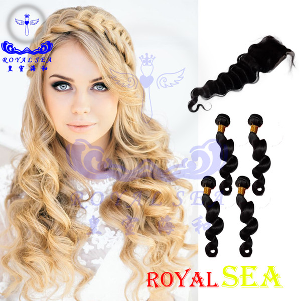 7A Hair Weaves with Closure Brazilian Human Hair Extensions Human Weft With Top Lace Closure Black Loose Wave Royal Sea Hair Bundles