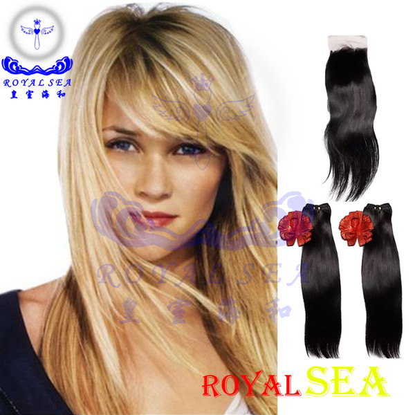 Full Head 2PCS Peruvian Virgin Human Hair Wefts and Closure Weaves Lace Closure With Bundles Royal Sea Silky Straight 7A