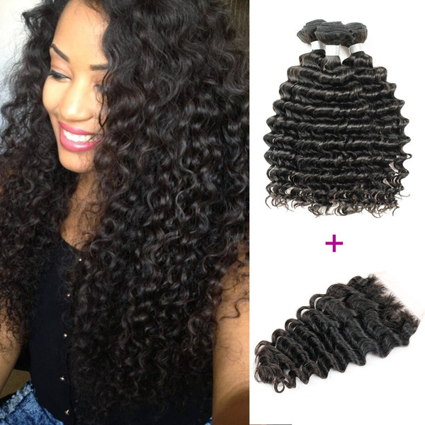 Brazilian Deep Wave Hair With Closure 3 Bundles with Lace Closure Natural Brown Peruvian Indian Malaysian Curly Virgin Human Hair Bundles