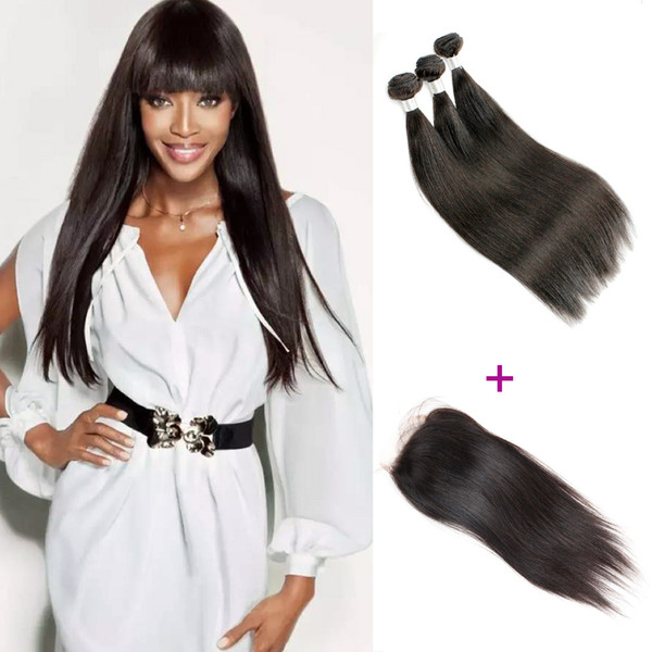 Kiss Hair Brazilian Straight Hair 3 Bundles with Lace Closure Free Three Part Natural Color Body Wave Indian Virgin Human Hair Weave