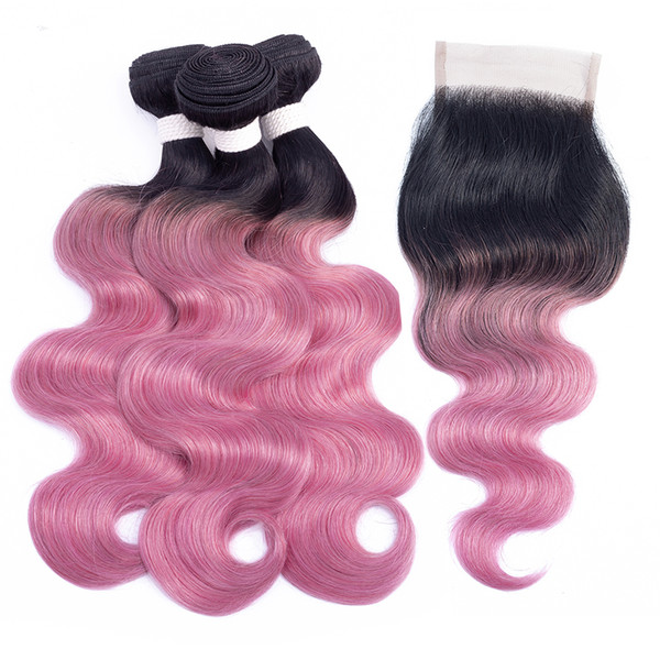 T 1B Pink Red Bundles with Closure Ombre Human Hair Colored Brazilian Body Wave Hair Extension 2/3 Bundles with Lace Closure