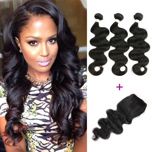 3 Bundles Peruvian Virgin Hair Body Wave with Lace Closure Natural Brown Color Brazilian Indian Malaysian Virgin Human Hair Weave