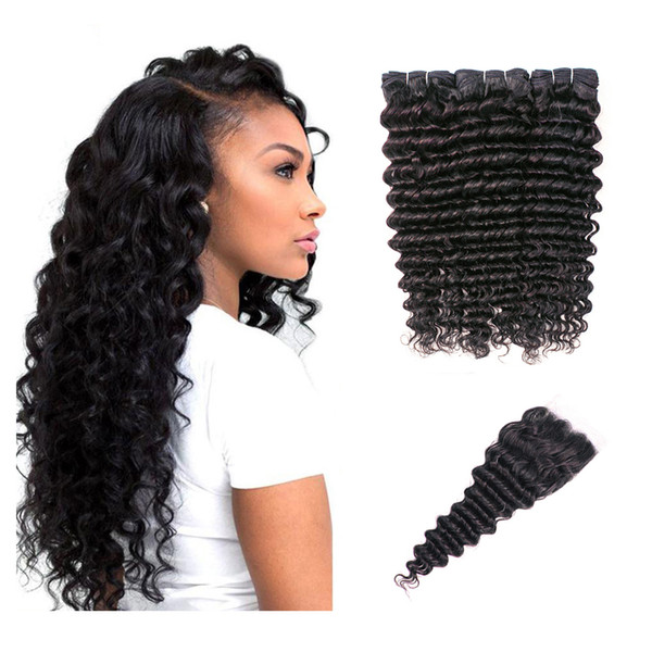 Deep Wave with Closure Natural Color Brazilian Virgin hair Bundles with Closures 3 Bundles With Lace Closure Deep Curly Virgin Hair