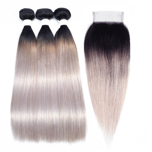 T 1B White Grey Ombre Straight Human Hair Bundles with Closure Colored Brazilian Hair Extension 2/3 Bundles with Lace Closure