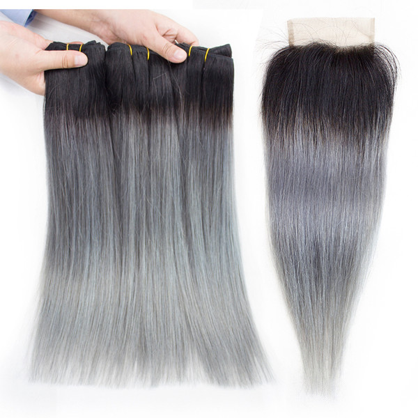 Ombre Grey Straight Human Hair Bundles with Closure T 1B Grey Colored Brazilian Hair Extension Brazilian Peruvian Indian Malaysian Hair