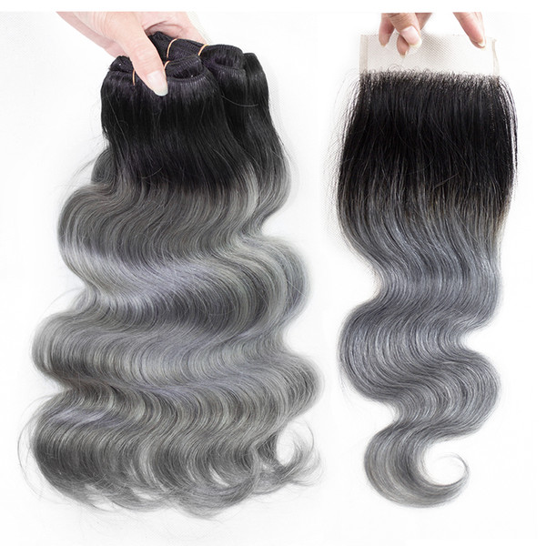 Ombre Grey Human Hair Bundles with Closure T 1B Grey Colored Brazilian Hair Extension Brazilian Peruvian Malaysian Indian Body Wave