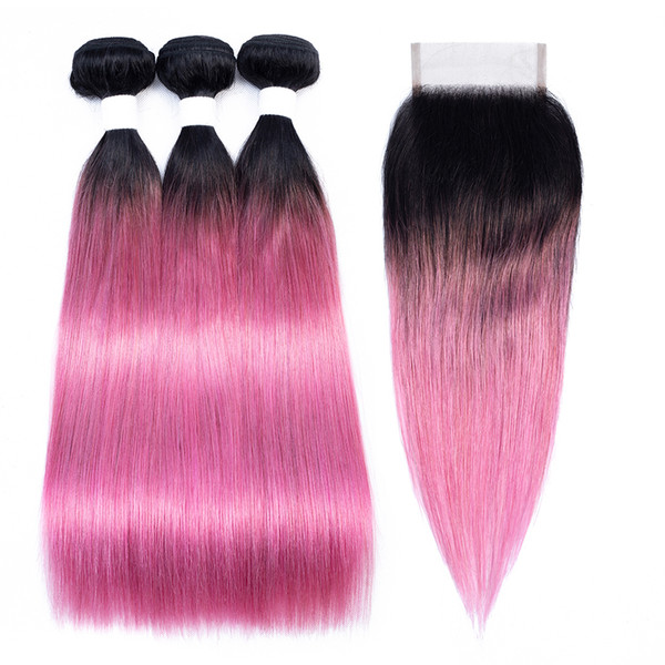 T 1B Pink Red Bundles with Closure Ombre Straight Human Hair Colored Brazilian Hair Extension 2/3 Bundles with Lace Closure