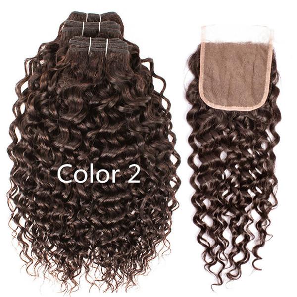 Kisshair Brazilian Water Wave Hair With Closure 3 Bundles with Lace Closure Natural Black Dark Brown Virgin Human Hair Bundles