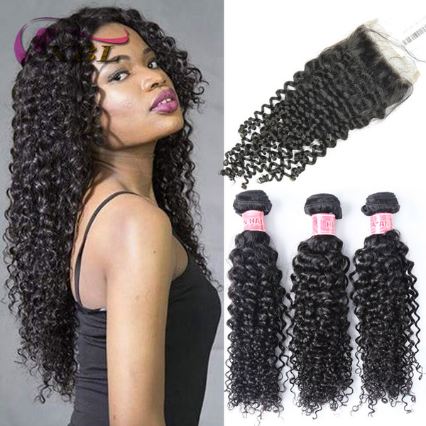 xblhair curly human hair extensions human hair with closure curly hair bundles and top lace closure ( lace size 4by4)