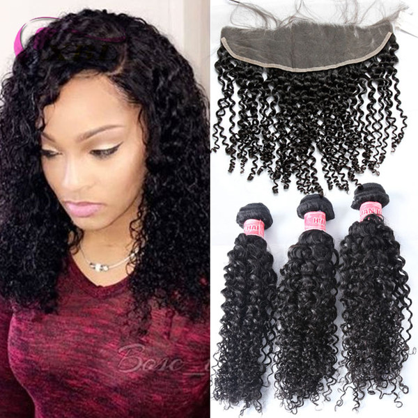 xblhair curly bundles with frontal 3 bundles human hair extensions with one lace frontal ear to ear lace